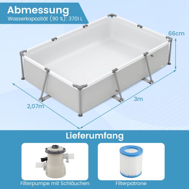Piscine hors sol Coast avec pompe de filtration – Piscine rectangulaire 300 x 207 x 66 cm – Gris