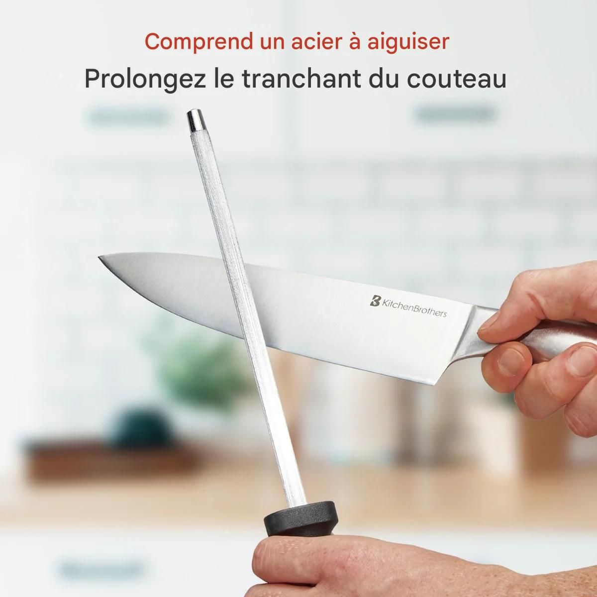 KitchenBrothers Set de couteaux de 16 pièces - avec ciseaux et acier d'affûtage - Argent/Acier inoxydable