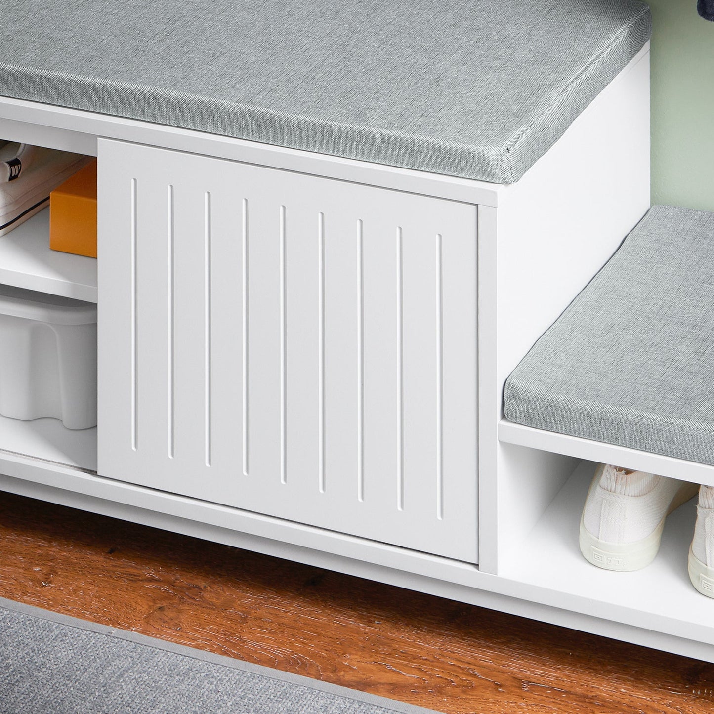 SoBuy Banc de rangement avec meuble à chaussures - Blanc - 100x35x45 cm - Modèle FSR166-W - Avec 2 coussins rembourrés, porte coulissante et 3 compartiments de rangement