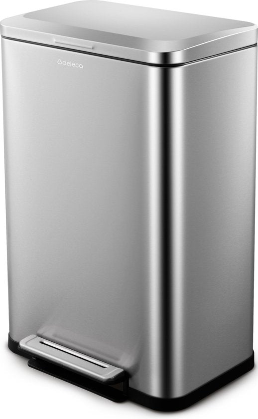 Deleca Trashcan Prestige - 50 Litres - Large - Poubelle / Corbeille à papier / Poubelle à pédale en acier inoxydable - Avec pédale et fermeture lente - Argent mat