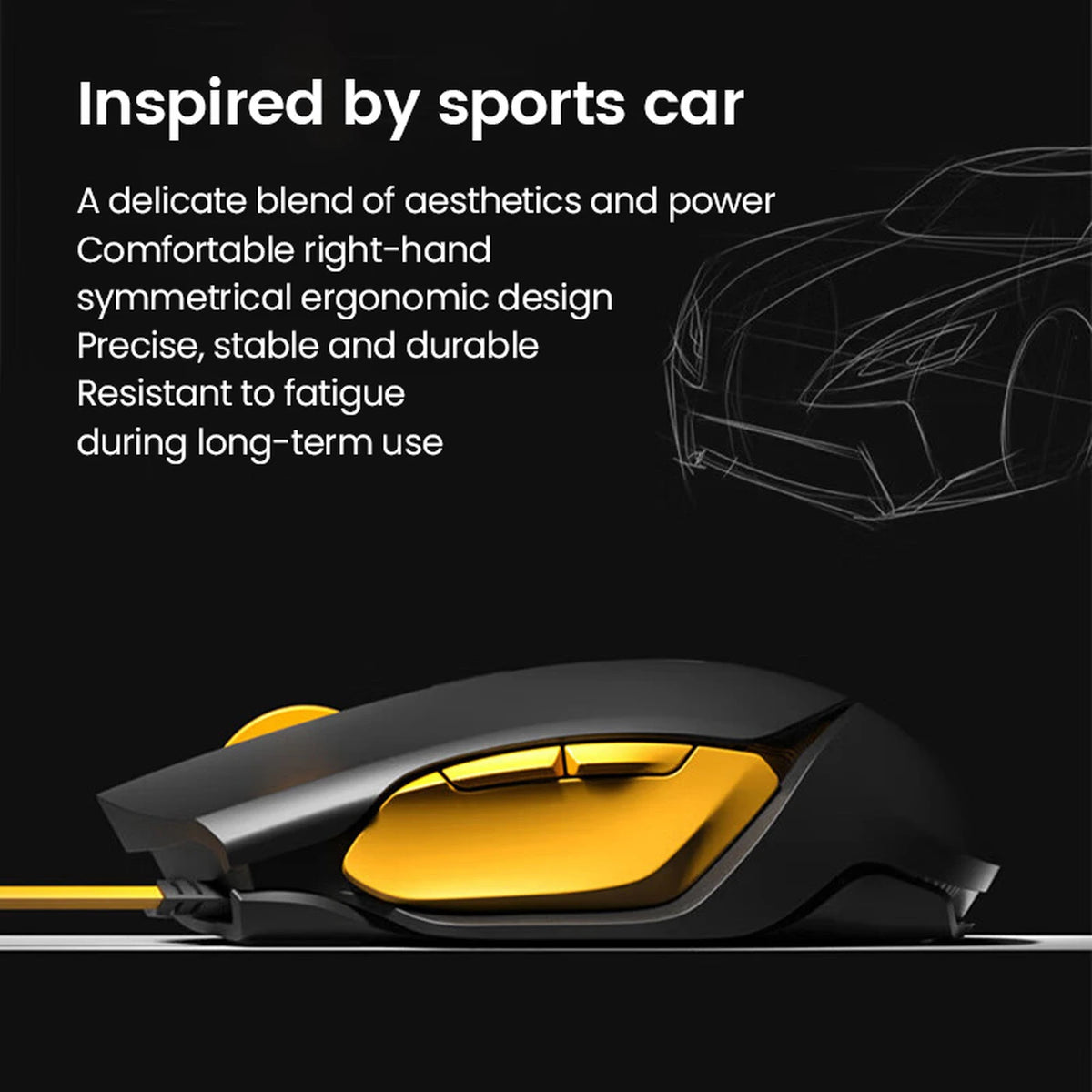 Souris filaire Ochama - Noire et jaune - Ergonomique - Capteur optique - Fréquence de sondage de 1 000 Hz - 4 niveaux de DPI