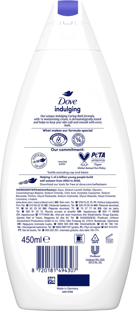 Crème de bain Dove Caring Bath Indulging Cream - Mousse de bain hydratante - 6 x 450 ml - Lot économique