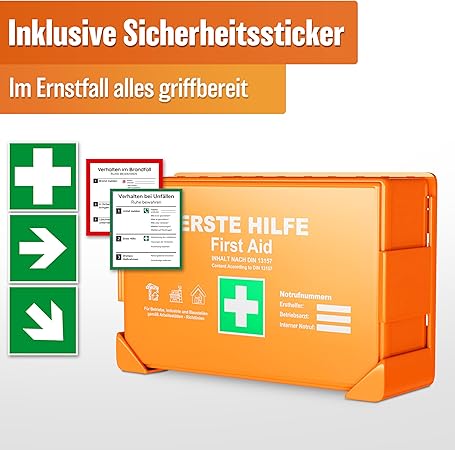 HELDENWERK Boîte de premiers secours version 2026 [DIN 13157:2021] avec support mural & 5 x autocollants | trousse de premiers secours pour le bureau, le ménage et la restauration - boîte de premiers secours d'entreprise remplie, armoire sanitaire