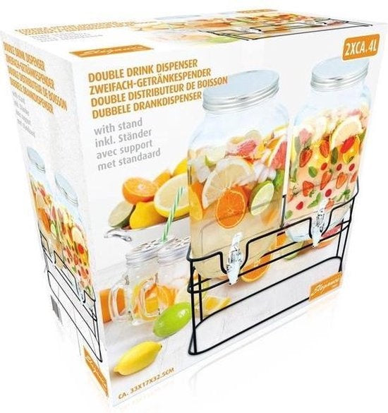 Merkloos Distributeur de boissons double élégant 2x 4 litres Support inclus 33x17x32cm
