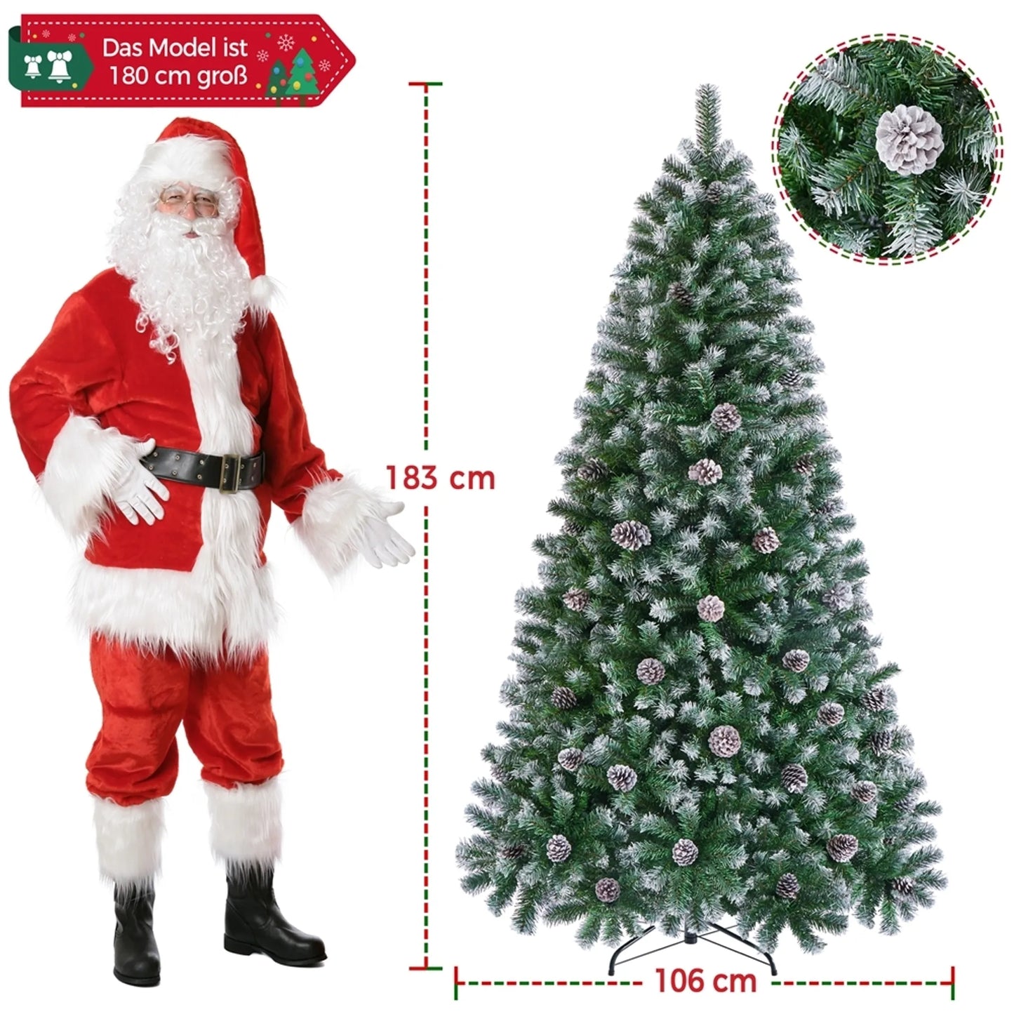 Yaheetech Arbre de Noël artificiel enneigé - 183 cm - avec 920 branches et pommes de pin naturelles et support métallique pliable - pour l'intérieur et l'extérieur - PVC vert et métal - 106 x 106 x 183 cm