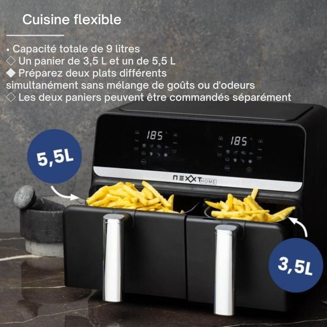 Double Airfryer XXL Nexxt Digital - Friteuse à air chaud avec écran tactile - Capacité 5,5 + 3,5 litres - 8 programmes de cuisson - Noir