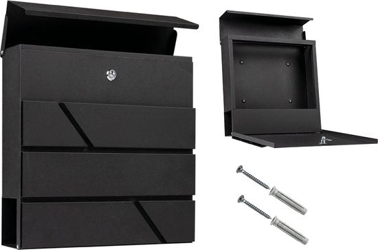 BRASQ Letterbox Hanging Black Deluxe - Boîte aux lettres murale avec serrure et compartiment à journaux - avec matériel de montage et 2 clés - Boîte aux lettres - boîte postale - boîte à lettres - acier inoxydable