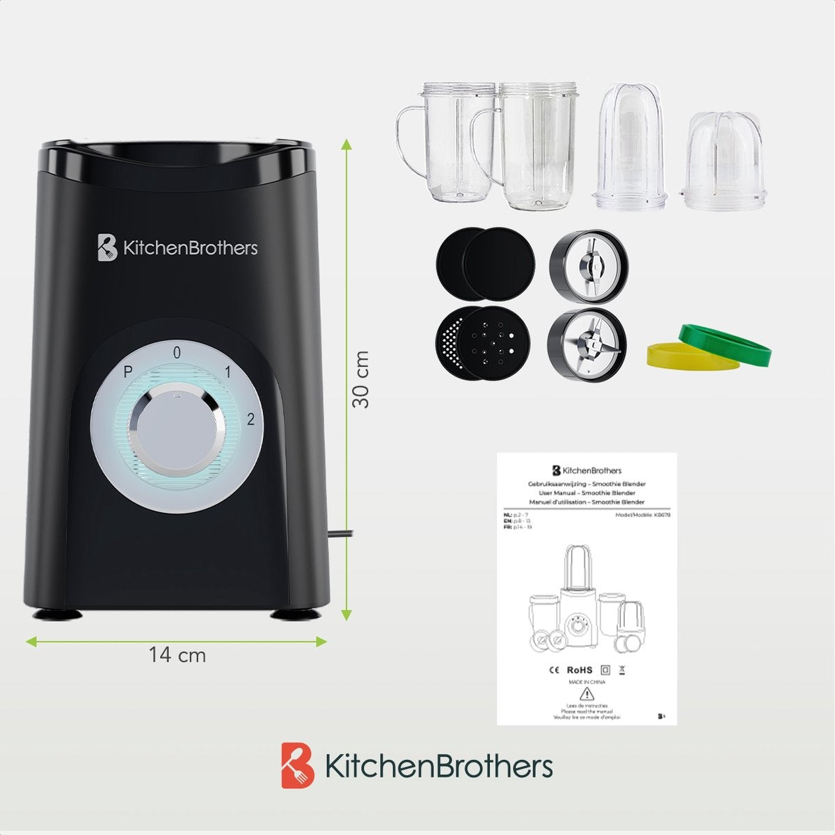 Blender - KitchenBrothers - 2-en-1 - 350 W - 4 tasses 600 ml/300 ml - Smoothie - Mini Blender - Noir