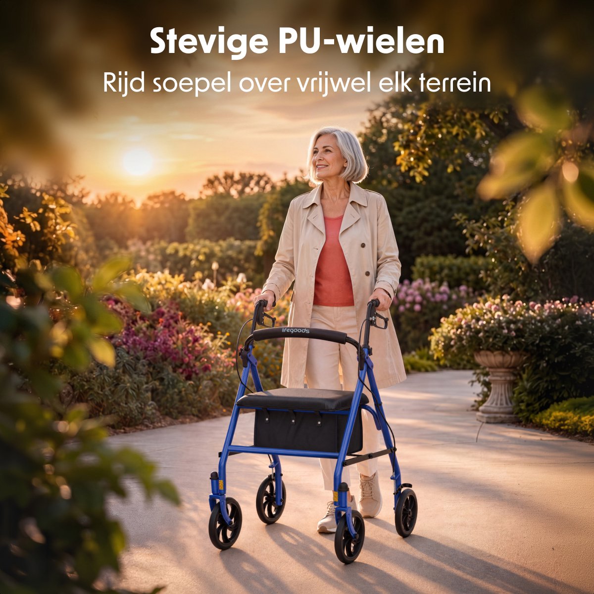 Rollator LifeGoods Basic : léger et pliable - Avec siège et dossier - Réglable de 79 à 89 cm - Capacité de charge de 136 kg - 66 x 59 x 79-89 cm - Bleu foncé
