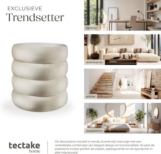 tectake® Tabouret avec rangement - Tabouret scandinave en tissu velours - Tabouret rembourré rond pour coiffeuse, chambre, salon ou comme meuble d'entrée - Tabouret de rangement - crème