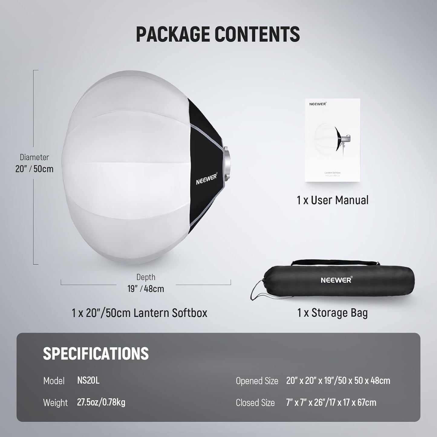 Softbox Neewer 50 cm, blanche - Diffuseur de lumière à fixation rapide à 360° avec monture Bowens pour lampes vidéo LED