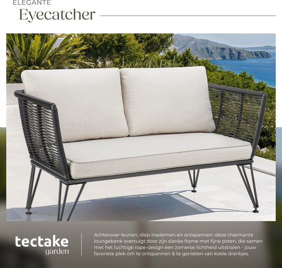 tectake® Banc de salon en osier - Banc de jardin compact avec coussins épais - Idéal pour balcon, jardin ou terrasse - Banc de salon extérieur élégant et confortable - Design en corde