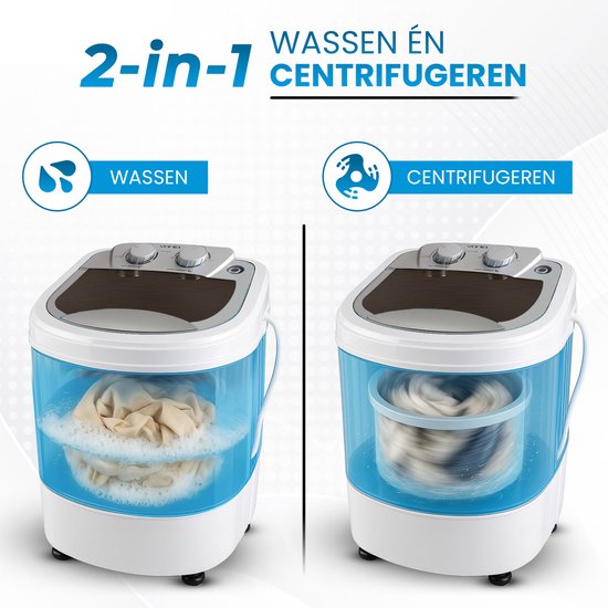 Vonia Mini Washer - Petit lave-linge - Avec essorage et chargement par le haut - Capacité de lavage 2,6 kg - Efficace sur le plan énergétique - Blanc/Bleu