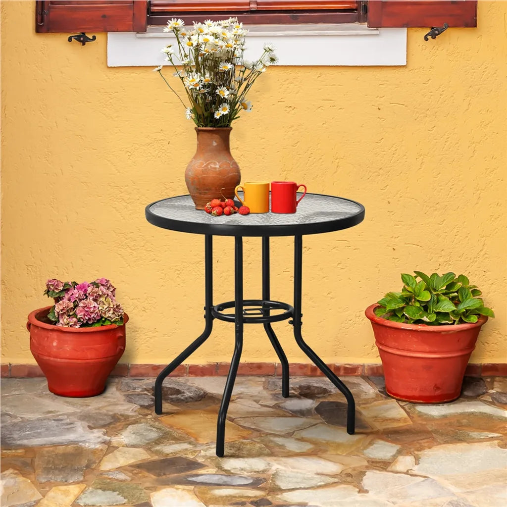 Yaheetech Bistro Table de jardin Ø 70 cm - Noir - Table ronde avec plateau en verre trempé et trou pour parasol
