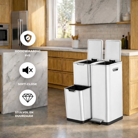 Bayt Poubelle - Poubelle 60 litres - Poubelle 60 litres - Poubelle à pédale 60 litres - Poubelle tri sélectif - Poubelle 3 compartiments - Poubelle - inox - Blanc