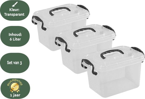 Boîte de rangement BRASQ 6 litres - Lot de 3 - Boîte de rangement en plastique - Transparente - Bac de rangement - Boîte de rangement avec couvercle