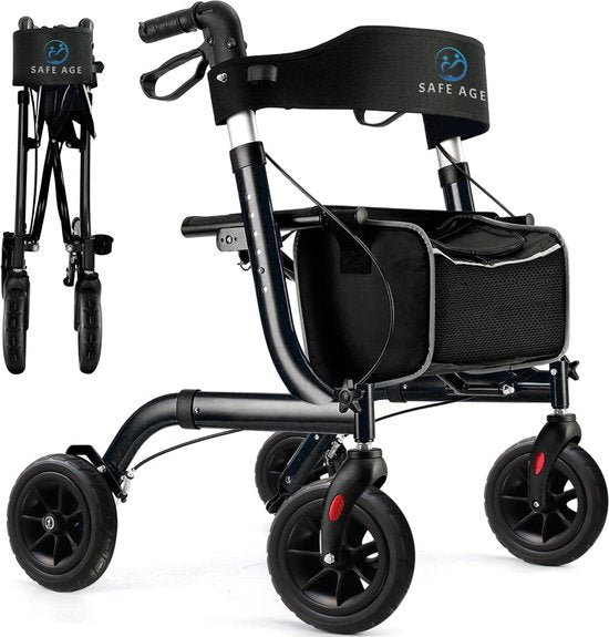 Rollator Safe Life - Pliable - Léger - Siège intégré - 61 x 70 x 85-99 cm - Roues en caoutchouc - Noir