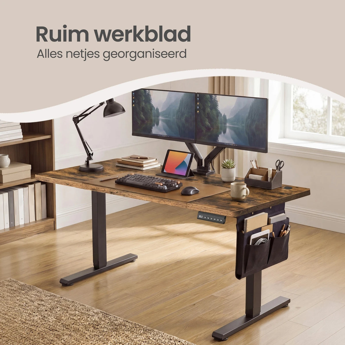 Bureau assis-debout électrique Joyfurnos 140 x 60 cm - Réglable en hauteur avec fonction mémoire - USB-C - Marron