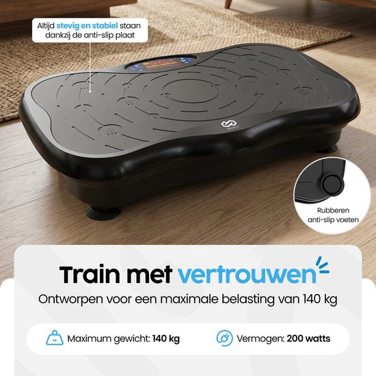 Infinity Goods Plateforme vibrante Premium - Plateforme vibrante de fitness - Bandes de résistance et poignées incluses - Powerplate - 5 programmes d'entraînement - 99 niveaux de vitesse - Musique via Bluetooth - Noir