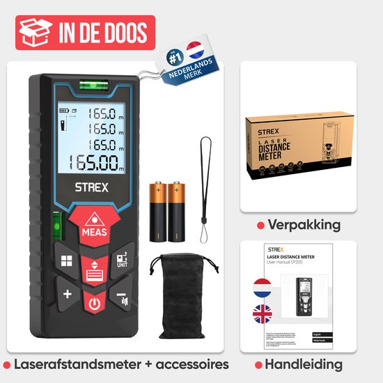 Strex Laser Distance Meter 60m Range - Laser Meter - Incl. Batteries & Protective Case