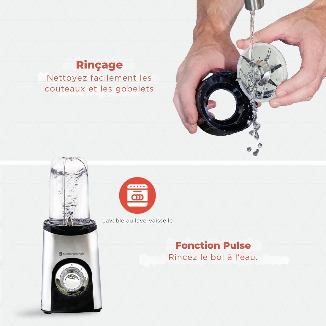 Mixeur Smoothie - KitchenBrothers - 13 Pièces - 4 Gobelets - 350W - acier inoxydable