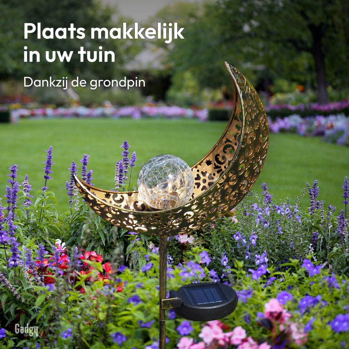 Gadgy Solar Tuinverlichting - Maan Lamp met grondspies - Tuinverlichting op zonneenergie Buiten - Set van 2 st. - Led Buitenverlichting met Sensor - Tuinlantaarn - Tuinfakkel 88 cm hoog - Tuinsteker - Brons - Metaal