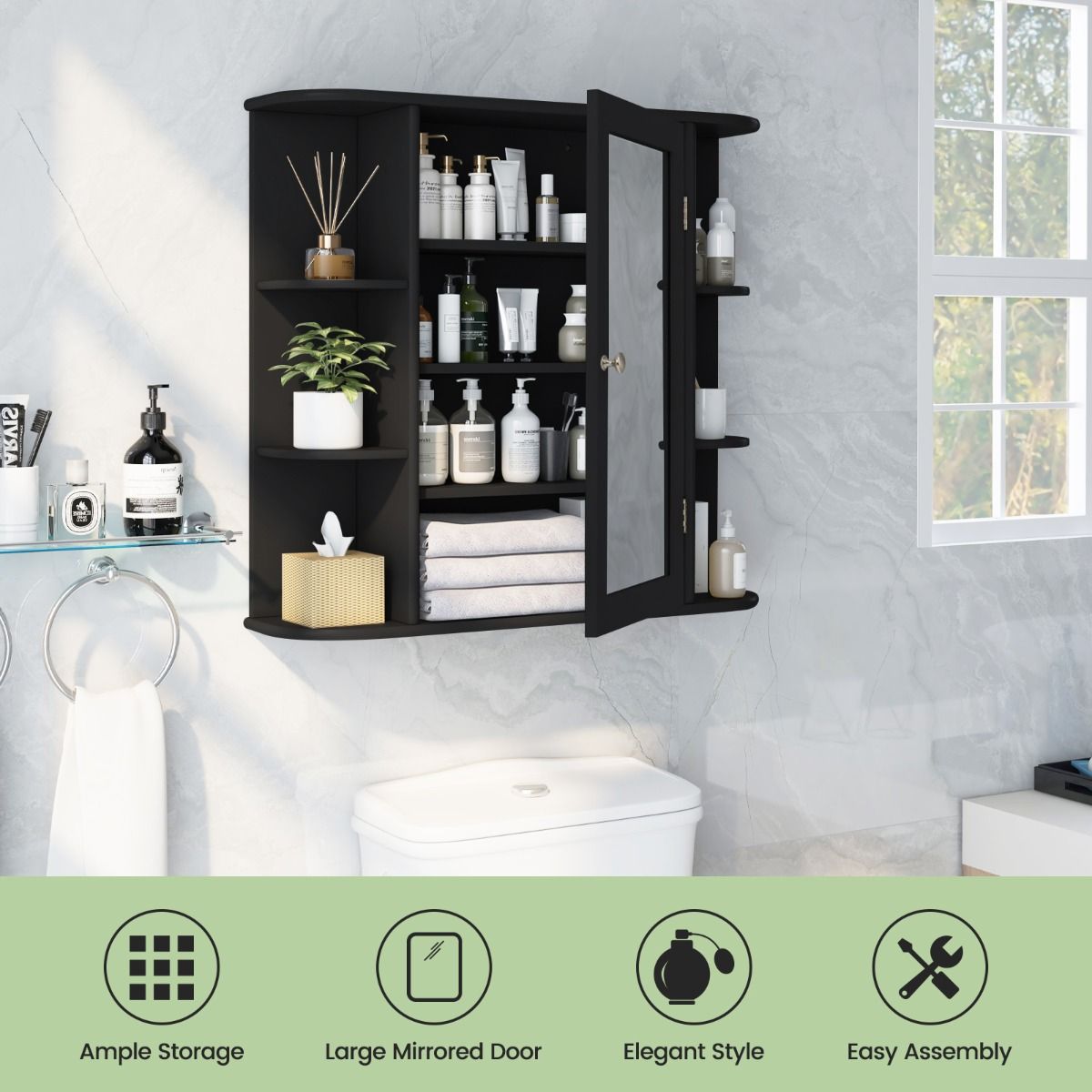 coast Mirror Cabinet Salle de Bain - 66×17×62 cm - Noir - Armoire murale avec porte miroir et étagères ouvertes