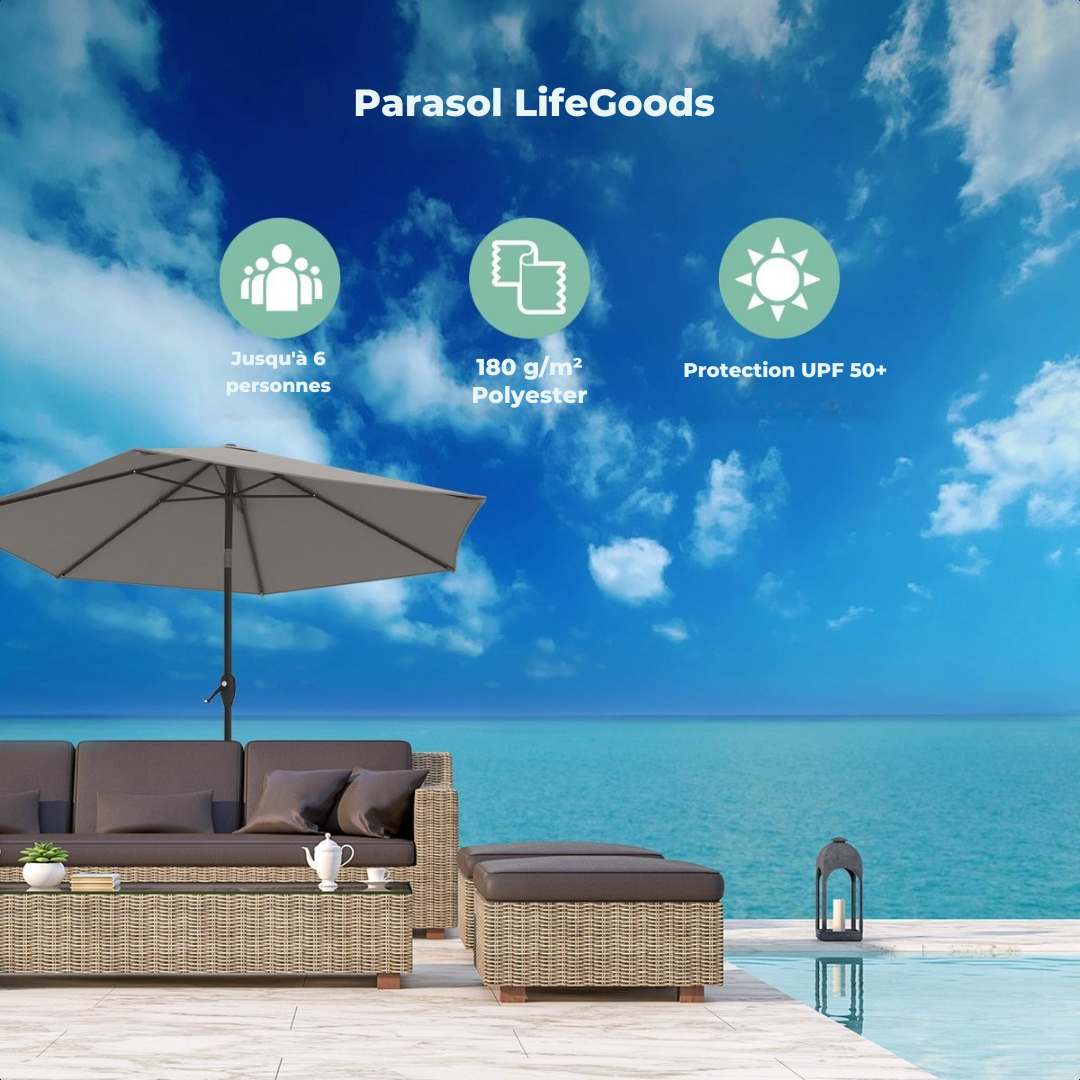 Parasol LifeGoods - Ø270 cm - 30° inclinable - imperméable - avec housse - Taupe