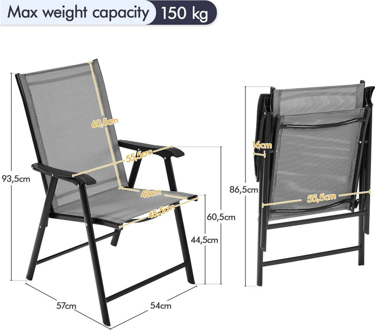 Ensemble de 2 chaises de jardin pliantes avec accoudoirs et dossier haut, en Texteline grise