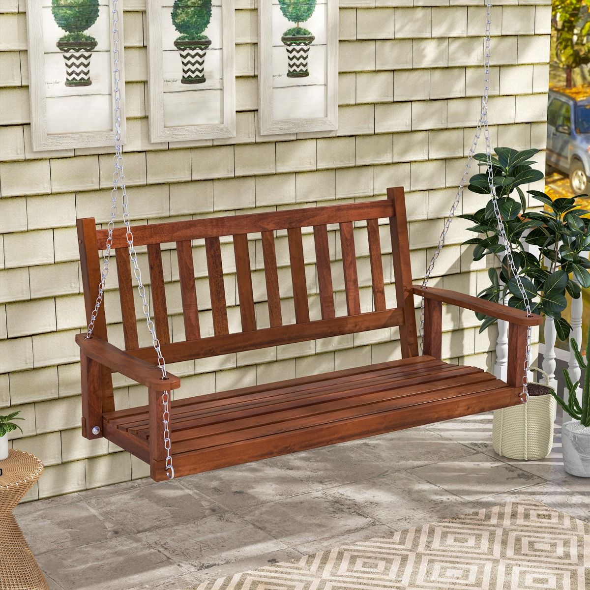 Balançoire / banc suspendu Coast 2 places en bois pour l'extérieur - 136 x 67 x 63 cm, marron, capacité 230 kg