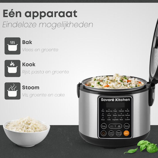 Savoré Kitchen Rice Cooker with Steamer - 3L - 14 Programmes - Multicooker - Rice Cooker - Slow Cooker - PFAS Free - Black stainless steel