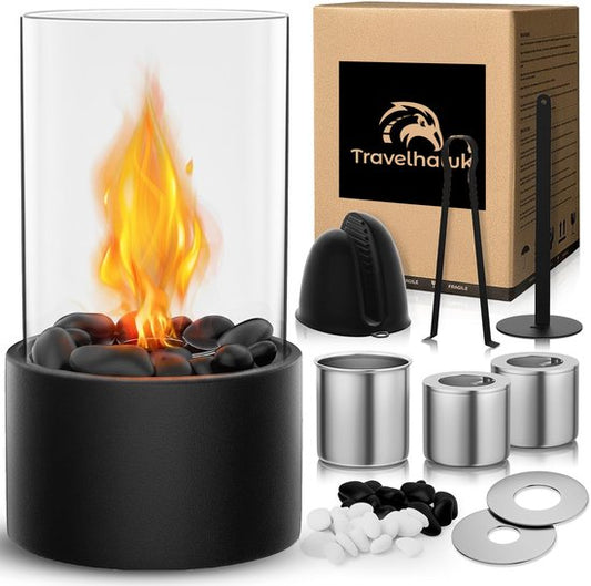 Cheminée de table Travelhawk Luxe - Cheminée d'ambiance - 480 ml - Kit d'accessoires inclus - Cheminée d'extérieur - Pour l'intérieur et l'extérieur - Cheminées au bioéthanol - Noir