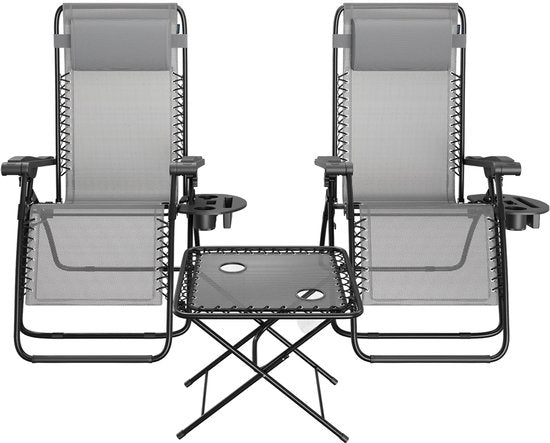 LifeGoods Chaises longues - pliable - ensemble complet - avec table d'appoint - 30°-90° réglable - chaises de jardin - métal - gris