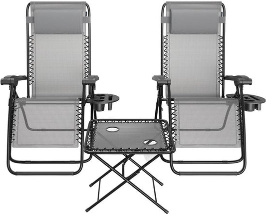LifeGoods Chaises longues - pliable - ensemble complet - avec table d'appoint - 30°-90° réglable - chaises de jardin - métal - gris
