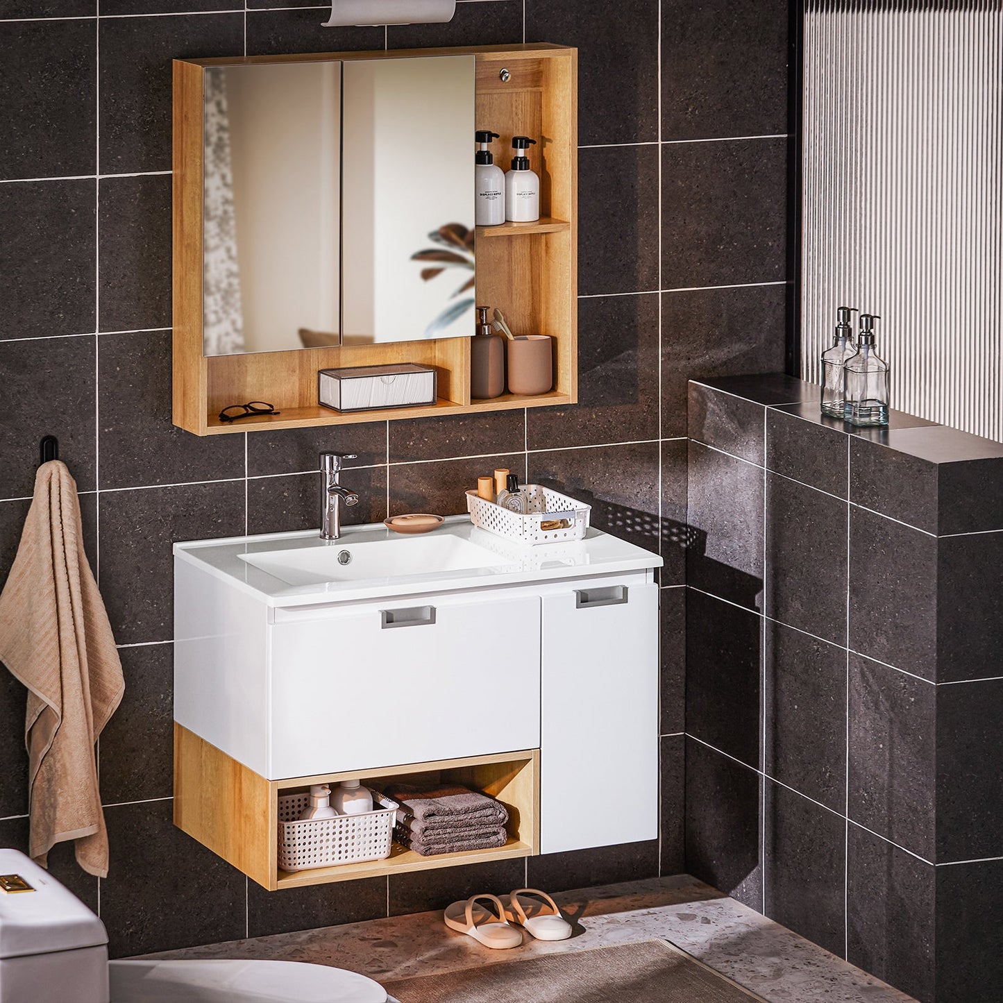 SoBuy BZR178-WN Meuble sous-lavabo - 80x54x46 cm - Blanc/Naturel - Meuble de salle de bains étroit