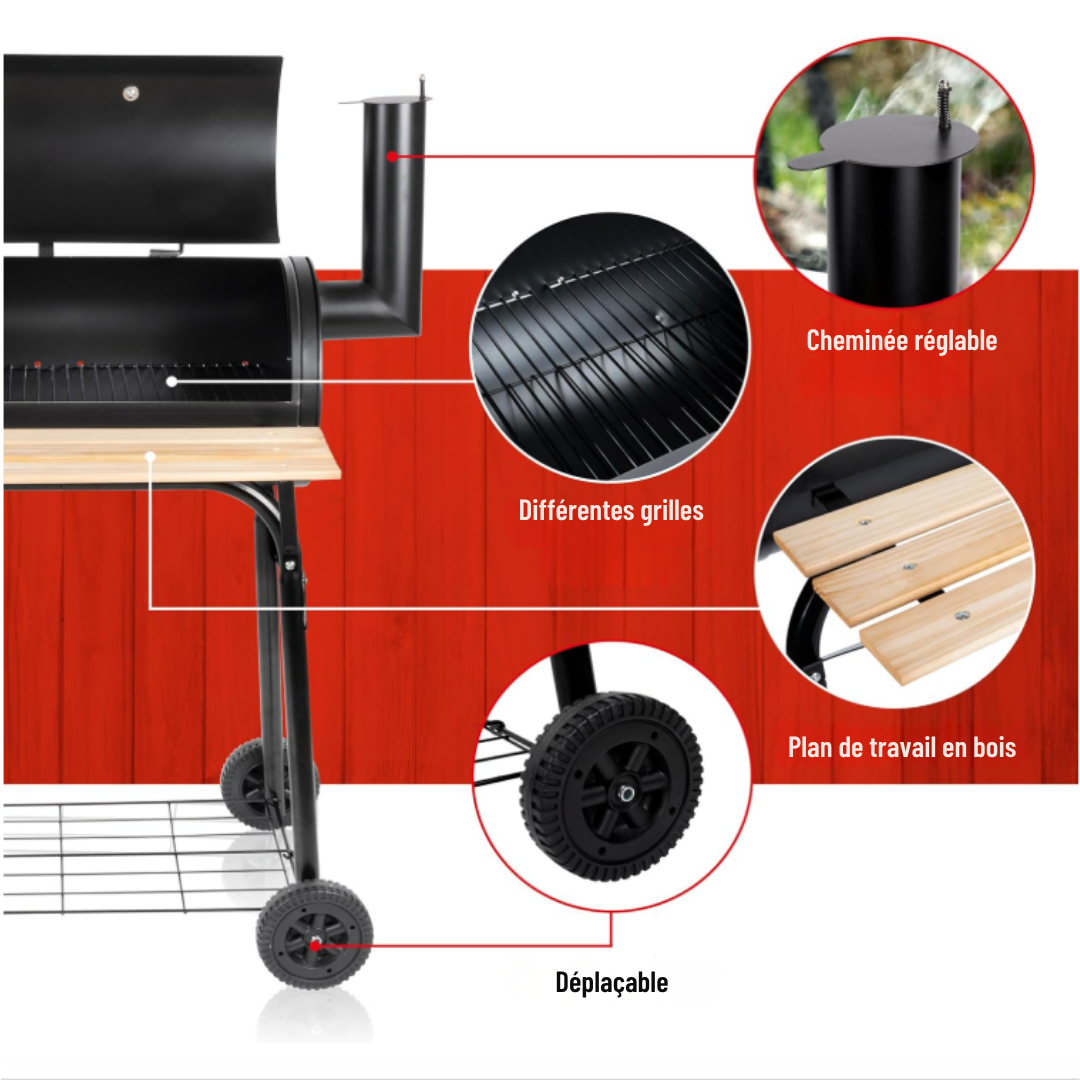 Barbecue au charbon - BBQ Collection – 2 en 1 - Cuisine extérieure - Grill et Barbecue Fumoir - 104 x 58 x 114 cm - Noir