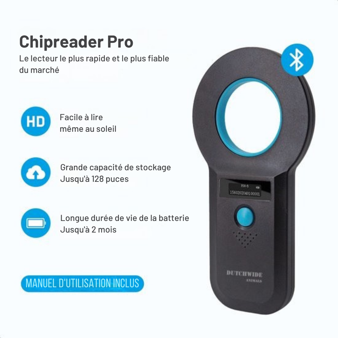 Lecteur de puces pour animaux Dutchwide Chipreader Pro - 128 enregistrements - USB/ Bluetooth