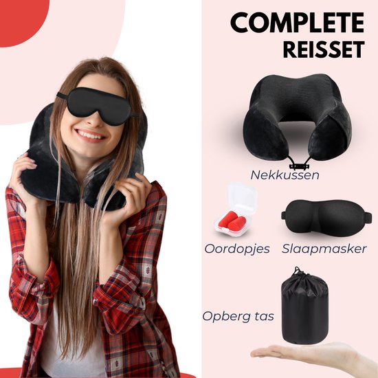 VAIVE Comfort Neck Pillow Airplane & Car - Optimal Support - Memory Foam - Travel Pillow - Plus Sleep Mask & Earplugs