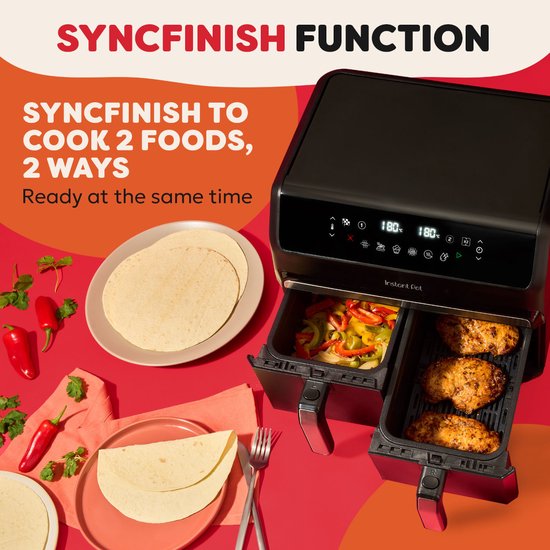 Instant Pot Vortex Dual Drawer 8L Airfryer – Friteuse à air chaud double avec 2 tiroirs de 4 L – SyncCook™ & SyncFinish™ – ClearCook – 8-en-1 – Jusqu'à 205 °C – Lavable au lave-vaisselle