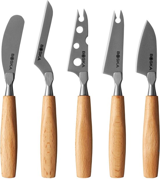 Boska Cheese Knife Set Amigo Small - Couteaux à fromage - Lot de 5 - Pour tout type de fromage - anti-adhésif - Ergonomique - Acier inoxydable et bois de hêtre