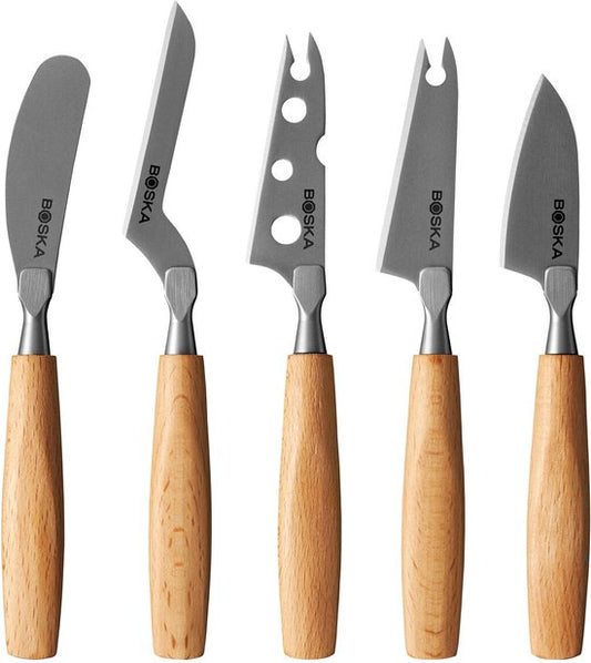 Boska Cheese Knife Set Amigo Small - Couteaux à fromage - Lot de 5 - Pour tout type de fromage - anti-adhésif - Ergonomique - Acier inoxydable et bois de hêtre