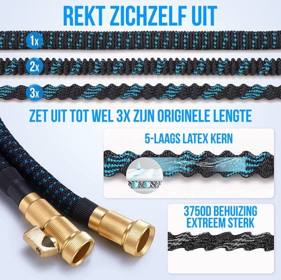 Strex Flexible Garden Hose 30M with Sprinkler Head - Extendable - Including Couplings, Suspension Hook & Storage Bag