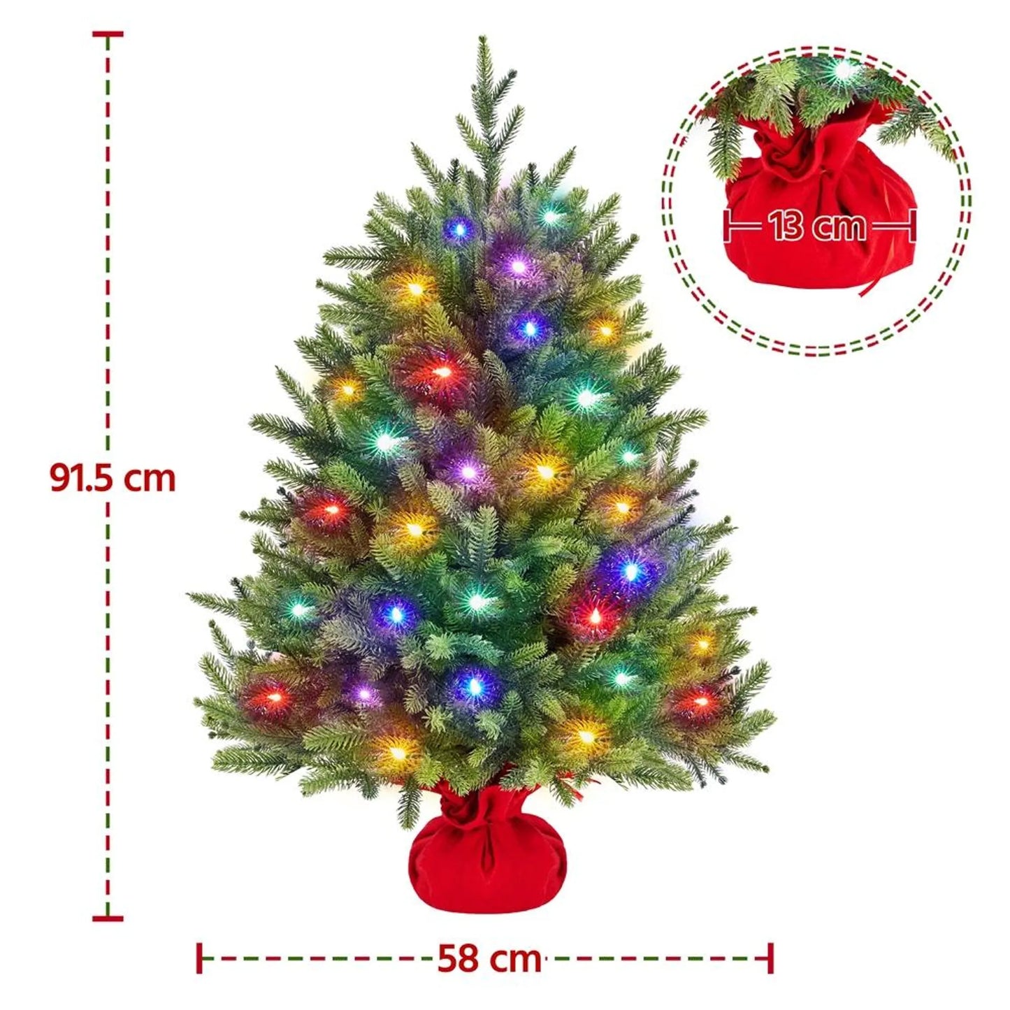 Yaheetech Arbre de Noël Artificiel avec 50 lumières Led colorées - 143 branches, 8 modes d'éclairage et socle en ciment - Pour rebord de fenêtre et table - PVC vert et béton - 58 x 58 x 91,5 cm