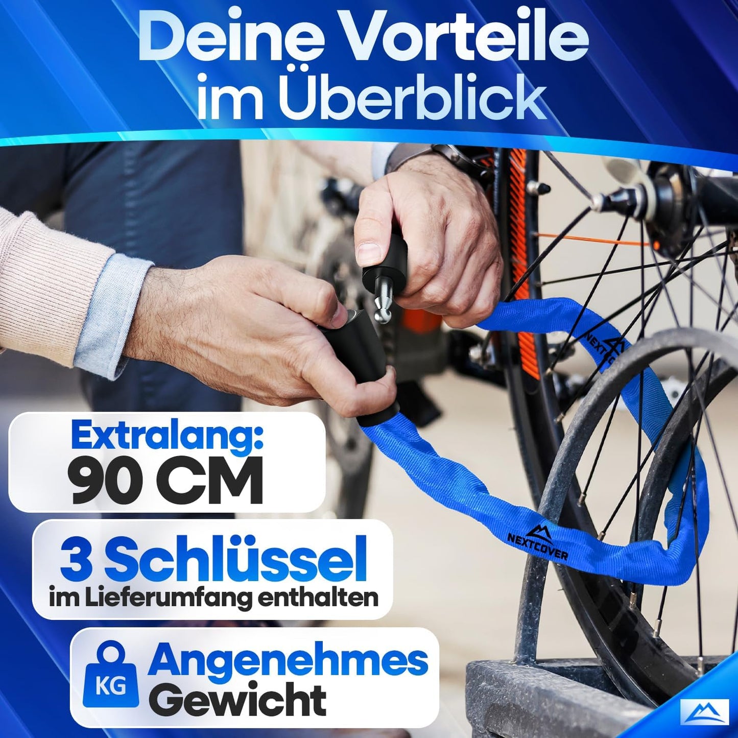 NEXTCOVER® Cadenas pour vélo LockOne avec clé - haute sécurité - robuste et durable - 3 clés - Bleu