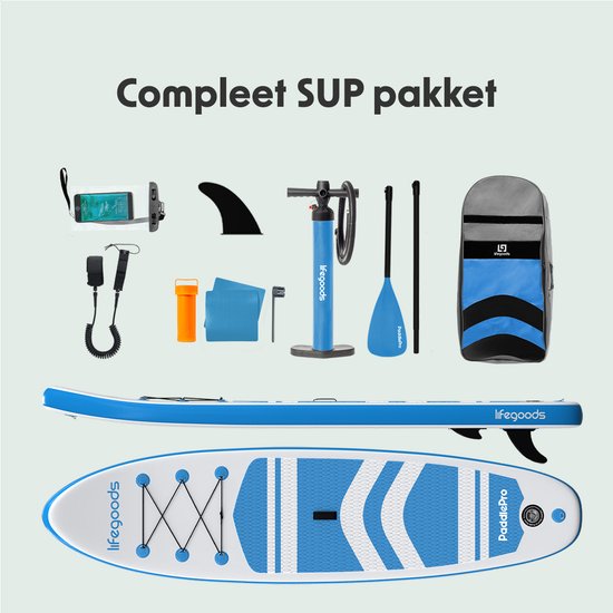 Planche de SUP LifeGoods PaddlePro 320 x 81 x 15 cm - Gonflable - Kit complet - 150 kg - Blanc/Bleu ciel