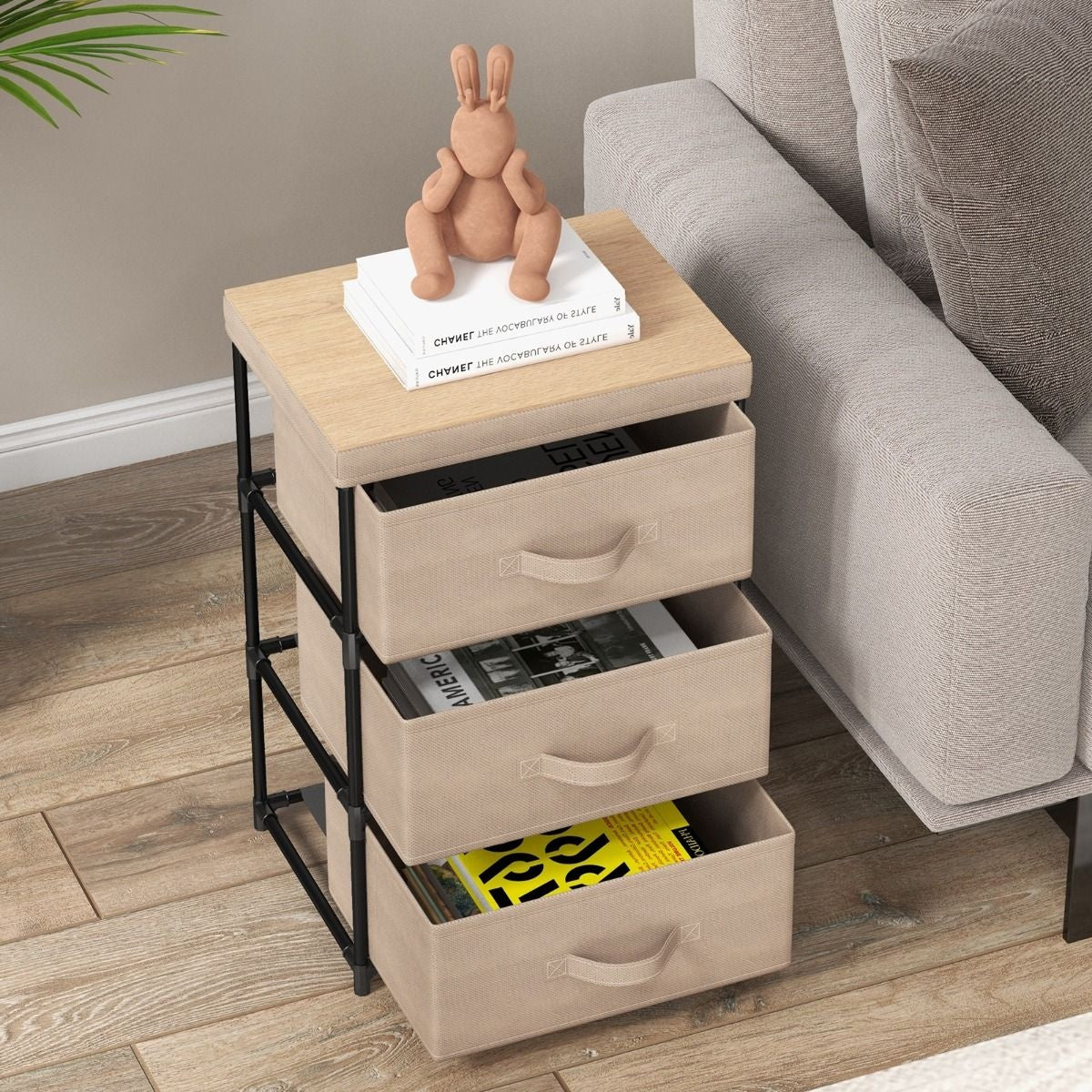 Coast Table de chevet - Avec 3 tiroirs en tissu rabattables - 40 x 30 x 62 cm - Coffee Brown