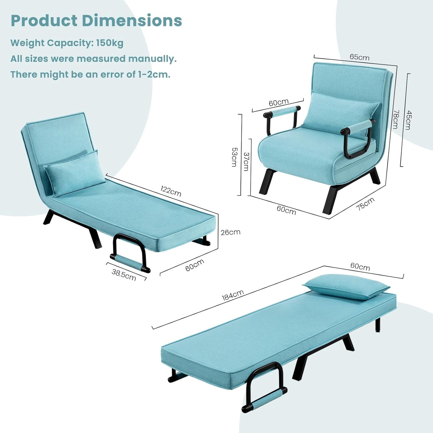 Fauteuil-lit 3-en-1 WOLTU - Lit d'appoint - Bleu - 65 x 75 x 78 cm