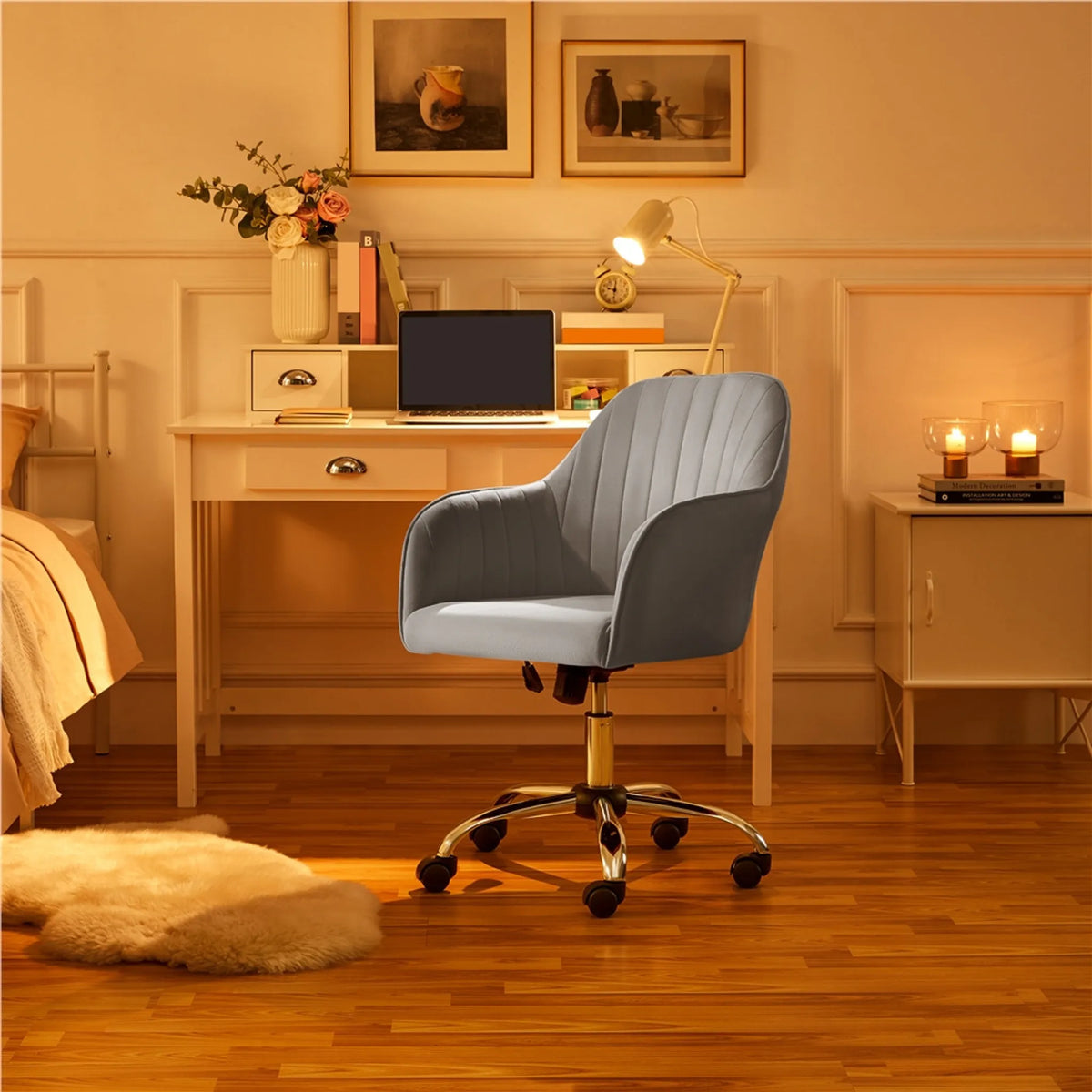 Chaise de bureau ergonomique Yaheetech - avec revêtement en velours de luxe, hauteur réglable par vérin à gaz et roues en nylon pivotantes à 360° - pour le bureau et l'étude - métal gris clair - 60 x 61 x 83-92,5 cm