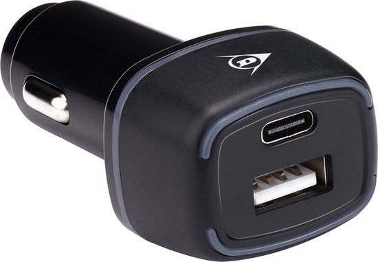 Chargeur de voiture USB Dunlop - Avec connexion USB-A et USB-C - Power Delivery/ Fast Charge 18W - Connexion à l'allume-cigarette de la voiture - Plastique - Noir