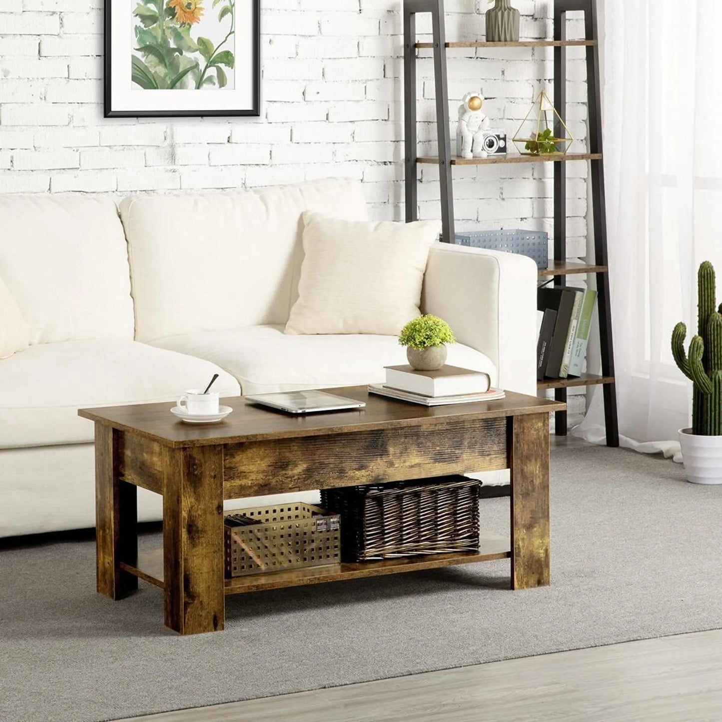Yaheetech Table basse à plateau relevable - avec rangement caché, mécanisme en métal et étagère inférieure - pour salon et bureau - Mdf vintage brun-noir et métal - 98 x 50 x 41,8-55 cm